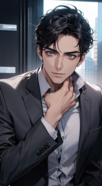 (best quality,4k,8k,highres,masterpiece:1.2),ultra-detailed,(realistic,photorealistic,photo-realistic:1.37),1 man,31 years old,mature man,very handsome,without expression,smile,short grey black hair,blue eyes,penetrating gaze,perfect face without errors,imposing posture,businessman,office background,cinematic lighting,hdr image