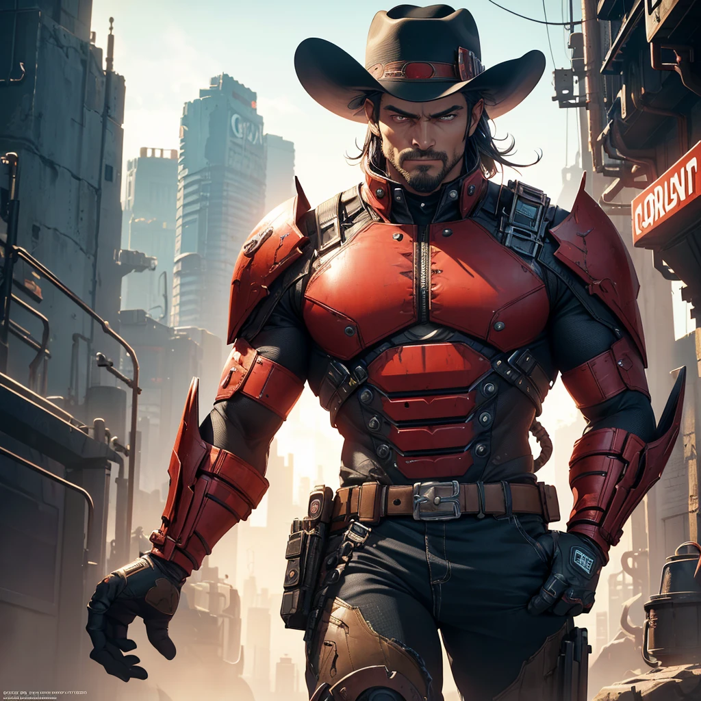 a muscular cowboy man with red eyes, wearing a cowboy hat and old west clothing, with a mechanical right arm, in a futuristic setting, (best quality,4k,8k,highres,masterpiece:1.2),ultra-detailed,(realistic,photorealistic,photo-realistic:1.37),cyberpunk,cinematic lighting,dramatic pose,detailed facial features,detailed clothing,highly detailed mechanical arm,ultra detailed futuristic background,dramatic lighting,vibrant colors,dynamic composition