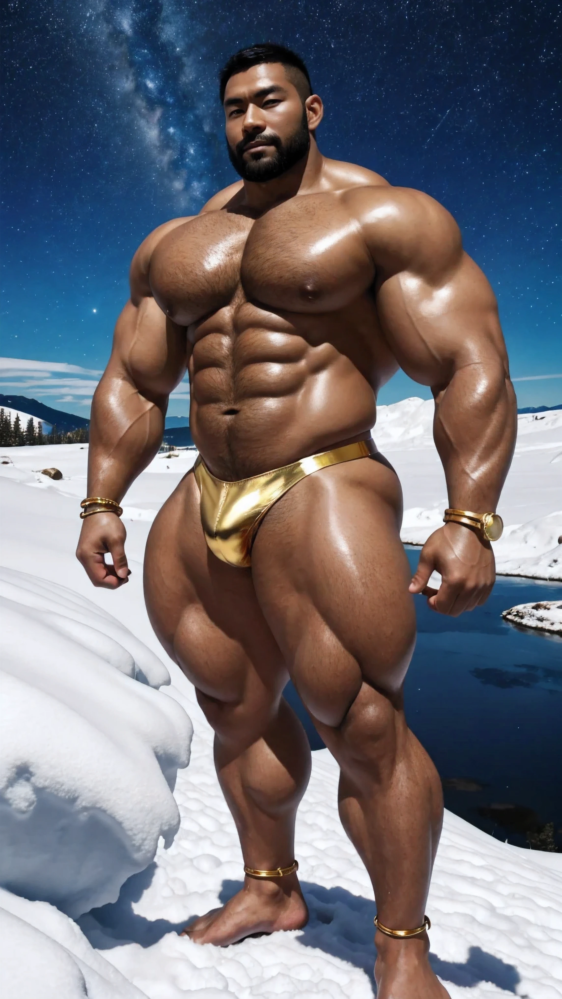 There is only one handsome Chinese man in the photo，35 years old，tall, Fitness，Smooth body，Smooth skin，No chest hair，short hair, O-Shaped Beard，Perfect body, Dark skin color，Radiant Skin，Smooth skin，Shiny, shiny skin，Smooth pectoral muscles，Muscle bulge, muscular, Very large pectoral muscles，Very sexy abdominal muscles，Very well-developed leg muscles，Huge concave and convex area，Brightens oily skin，Wearing a shiny gold leather thong，Handsome face，Normal human toes，Correct and accurate male body proportions，Gold Collar，Gold bracelet，Gold anklets，Standing in the snow，Night sky，A sky full of stars，There are auroras，Colorful，Charming dream scene，Epic。
