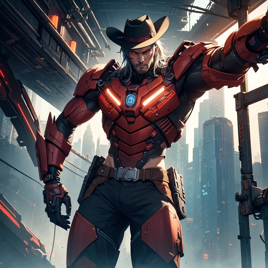 a muscular cowboy man with red eyes, wearing a cowboy hat and old west clothing, with a mechanical right arm, in a futuristic setting, (best quality,4k,8k,highres,masterpiece:1.2),ultra-detailed,(realistic,photorealistic,photo-realistic:1.37),cyberpunk,cinematic lighting,dramatic pose,detailed facial features,detailed clothing,highly detailed mechanical arm,ultra detailed futuristic background,dramatic lighting,vibrant colors,dynamic composition
