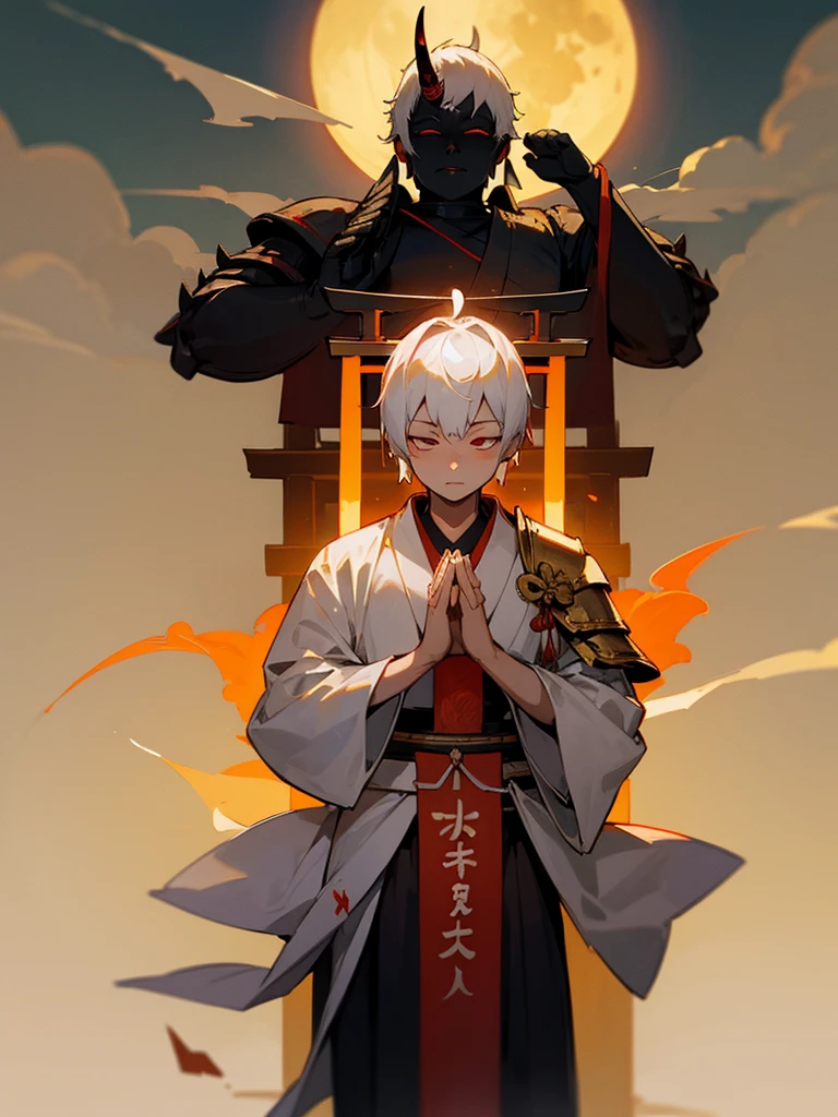 Buddha,Burning Eyes, horn, white short hair, black armor, torii, man, full moon, hands together in prayer, Zen meditation golden Japanese sword 