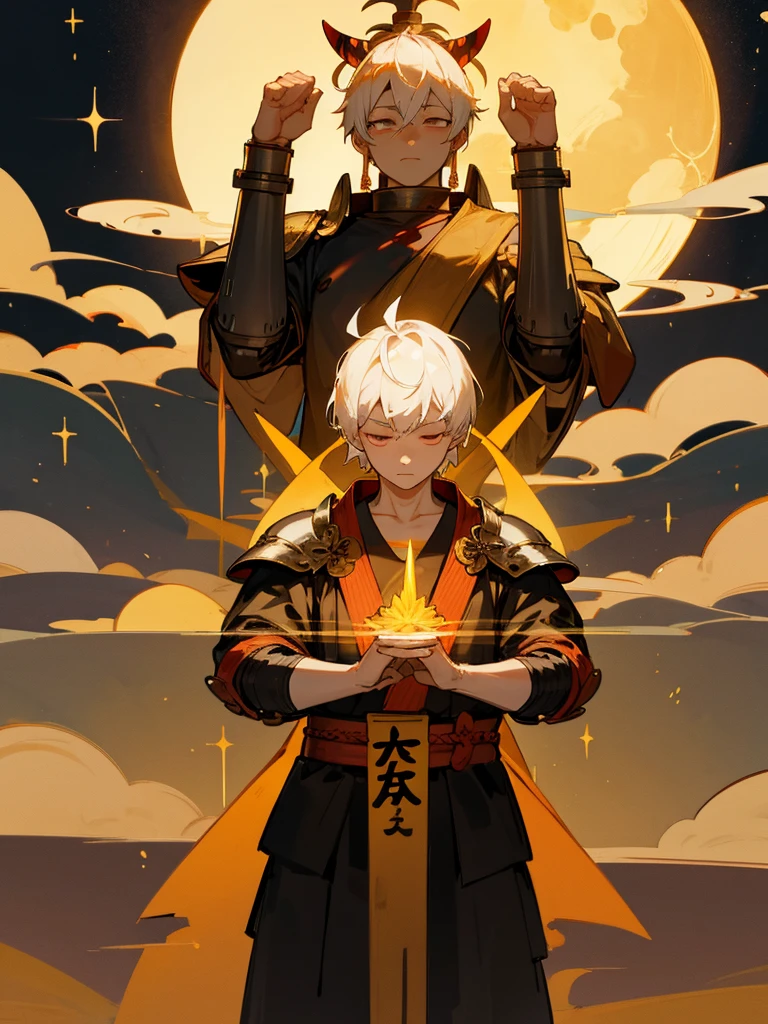 Buddha,Burning Eyes, horn, white short hair, black armor, torii, man, full moon, hands together in prayer, Zen meditation golden Japanese sword 