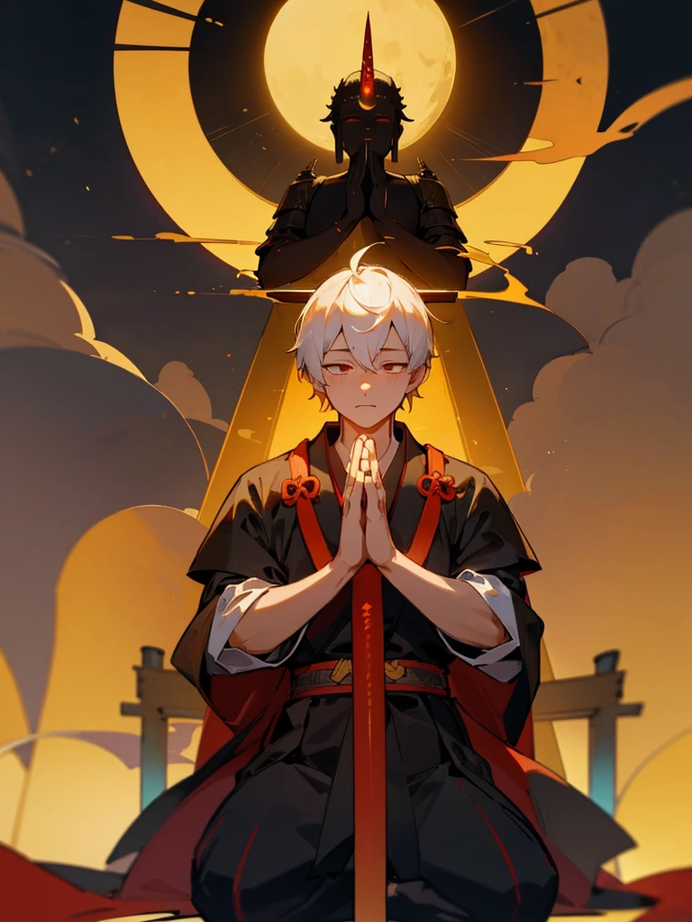 Buddha,Burning Eyes, horn, white short hair, black armor, torii, man, full moon, hands together in prayer, Zen meditation golden Japanese sword
