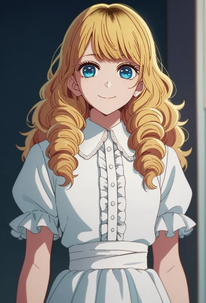 oshi_no_ko_style,blonde curls,sidecurls,fluffy fringe bangs,blue eyes,long eyelashes,cowboyshot,standing,,soft smile,long hair,masterpiece,highres,absurdres,white puffy short sleeves,collared dress,suspender dress,solo,frilled cuffs,frilled blouse,,,(light blue pinafore dress),frilled wristgloves,frilled sweatheart neckline,white sash around the waist,