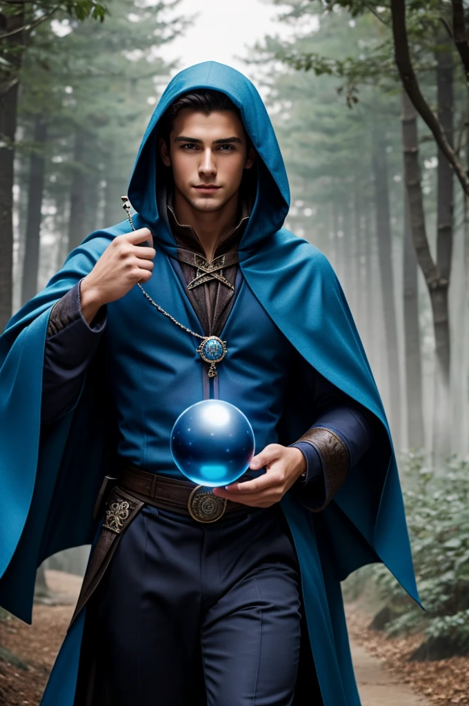 Handsome young man wearing a blue cloak, with magic spheres