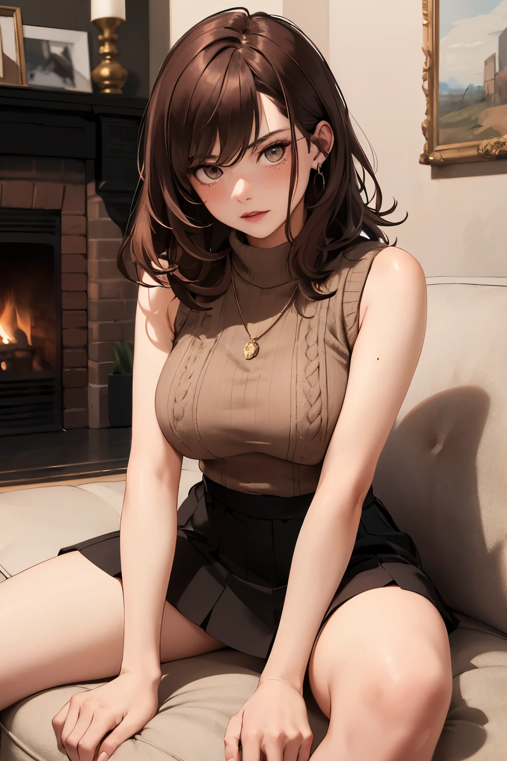 ((best quality)), ((masterpiece)), (detailed), Ridiculous resolution, high resolution, (masterpiece:1.4), Hyper-detailing, a woman. she is 17 years old. auburn hair. She has bangs in her hair. red lips. she is blushing. she has freckles. (Ultra detailed brown eyes)). she is lying on a sofa by the fireplace. She is wearing a sleeveless woolen cropped sweater. She is wearing a woolen, ribbed mini skirt. necklace. full body shot. she is angry.