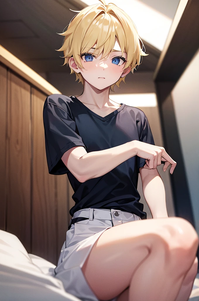  boy, short blonde hair, white skin, dark navy blue eyes, black shirt,