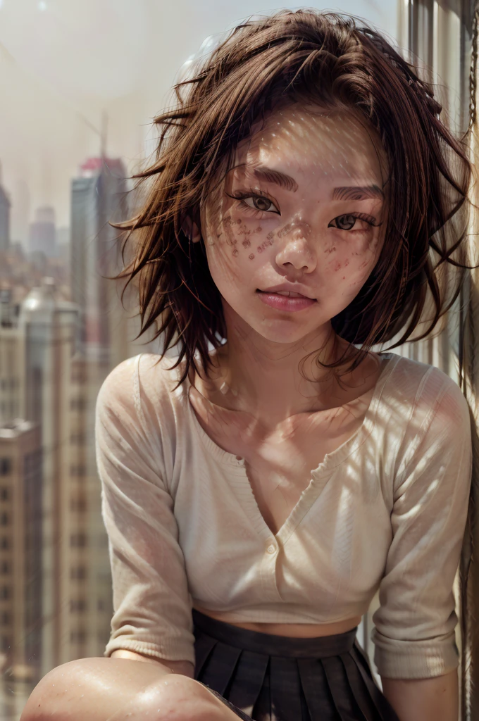A swedish, American,  german, young woman, 20yo, downtown, in large metropolis, collared shirt, sweater, pleated skirt, chuck taylor shoes, smirk  ((heavy gaussian blur)), ((soft lighting)), (((extremely hazy:1.2))),, (extremely bright), (dreamy atmosphere), bright vivid colors, 
