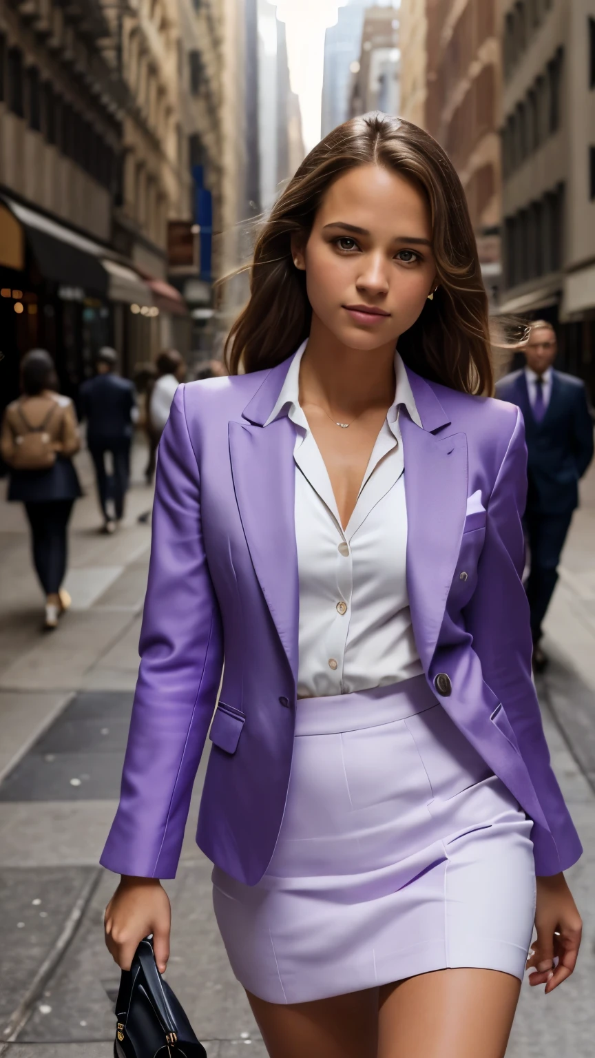 Foto hiperrealista en primer plano de Alicia Vikander, masterpiece, best quality, (photorealistic:1.4), full body, (;light purple blazer:1.2) (white blouse:1.2), (light purple pencil skirt:1.1), (buissnes suit:1.2), (dark blue heels:1.2), street of New York, sunny day, cinematic light, beautiful woman, skinny, medium breasts, wave dark blond hair, detailed face, smile, facing the camera, photo taken from a distance, age of 20 years old,
