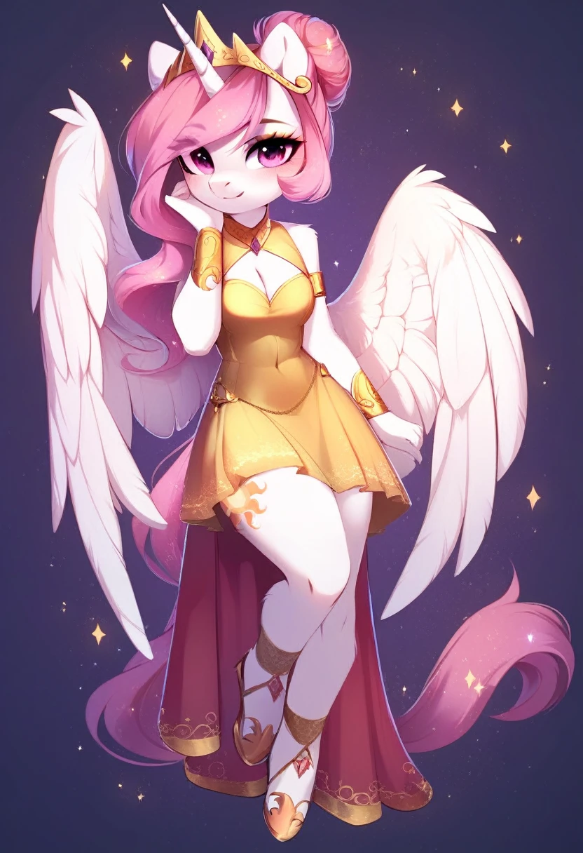 check_9, check_8_up, check_7_up, source_fluffy, rating_safe, from Magnaluna, Celestia poses seductively in a white bedroom, hair bun with bangs, pink eyes, white body, anthro, blushing, wearing white and gold tight skirt, full body