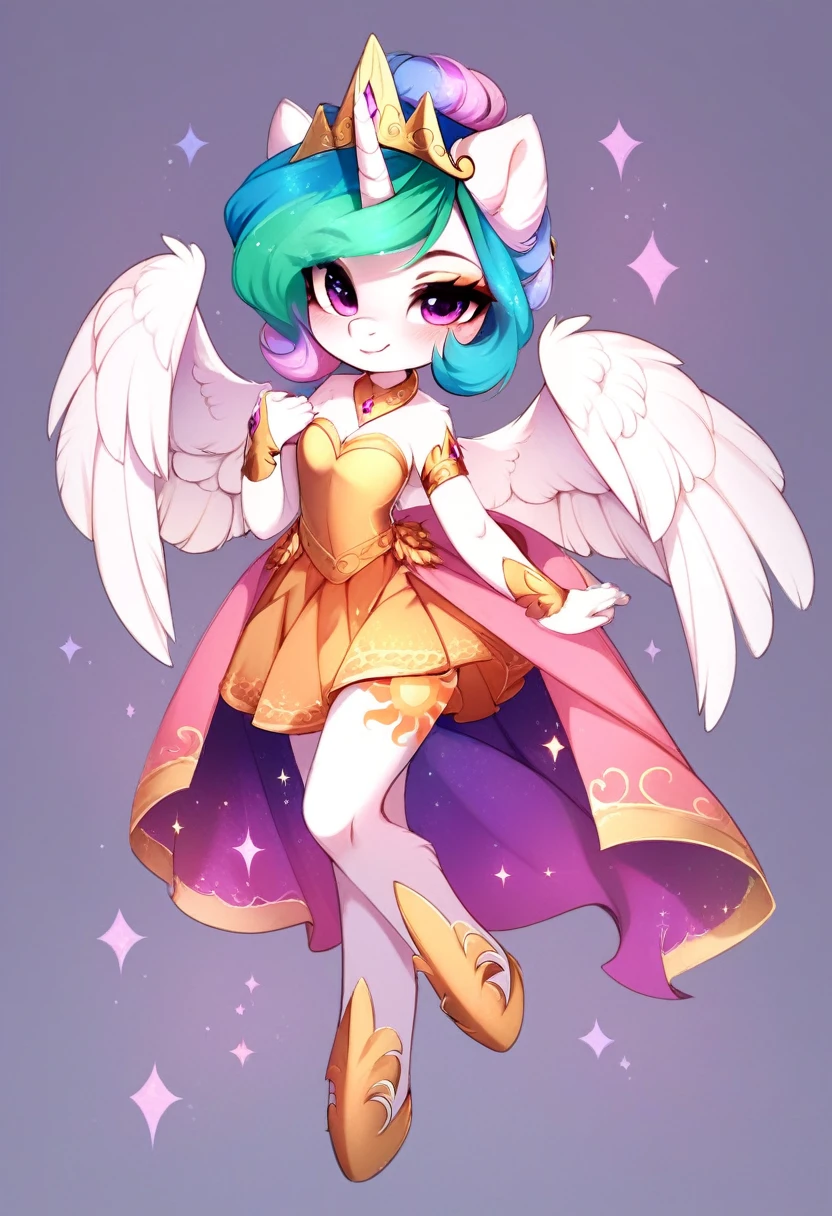 check_9, check_8_up, check_7_up, source_fluffy, rating_safe, from Magnaluna, Celestia poses seductively in a white bedroom, hair bun with bangs, pink eyes, white body, anthro, blushing, wearing white and gold tight skirt, full body