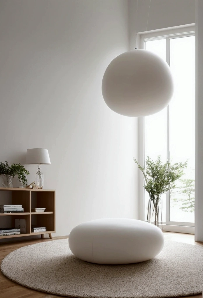 A huge round pearl in the middle of the room,White Room,No furniture,Empty white room,Formal perspective