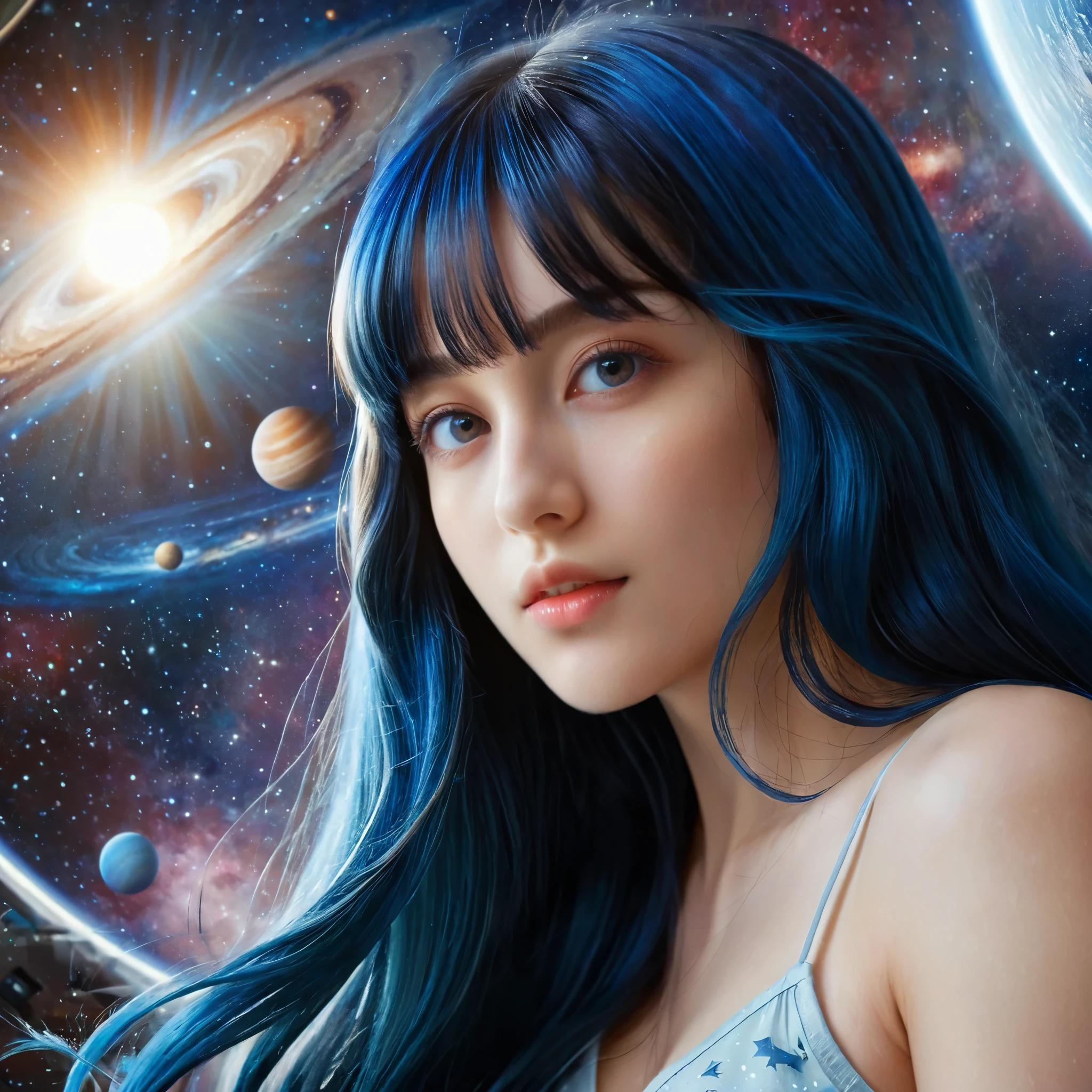 a photo of a beautiful girl with long blue hair, bangs, and detailed face looking at the viewer, stunning detailed portrait of anesimar flying in space, detailed galaxy and planets, 4k, best quality, extremely detailed, masterpiece, realistic, photo-realistic, ultra-fine painting, vivid colors, studio lighting