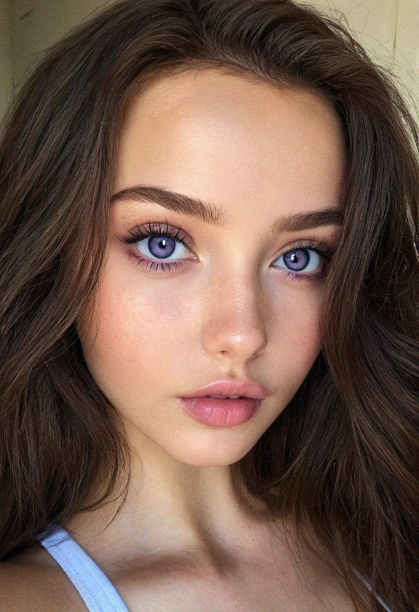 Femme arafed avec une tenue de jeunes femmes, fille sexy aux yeux bruns, portrait sophie mudd, cheveux bruns et grands yeux bleu selfie d&#39;une jeune femme, Yeux de chambre, violette myers, sans maquillage,