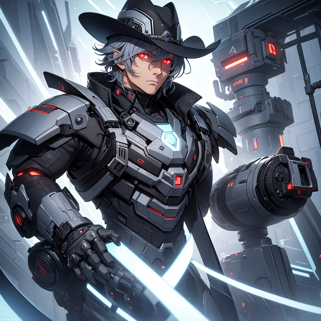 make a futuristic male character who has a cowboy hat, mechanical right arm, Eyes red, must be in a futuristic canary, and dark gray hair. he must be strong, he must have a cover