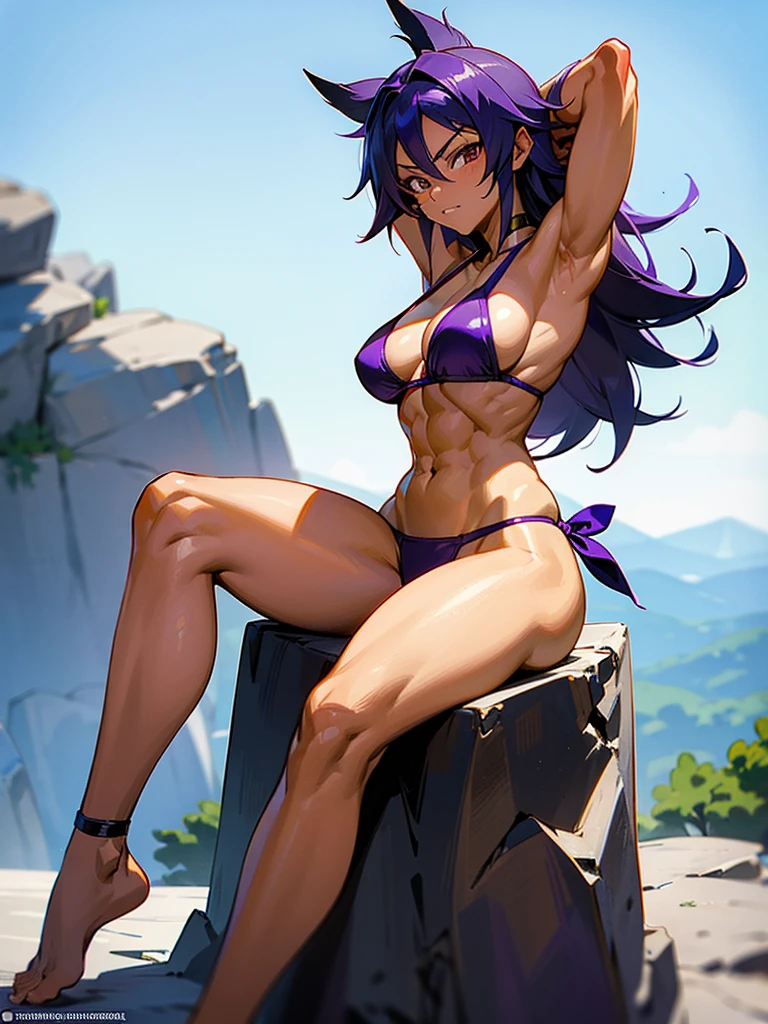 18 year old Yoruichi Shihōin from Bleach with tanned skin in a purple thong bikini flexing her muscles with her hands behind her head so they are not visible to pridefully show off her rock hard abs and sitting on on a mountain ledge, highly detailed