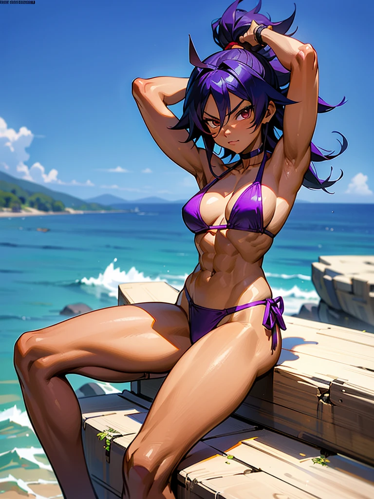 18 year old Yoruichi Shihōin from Bleach with tanned skin in a purple thong bikini flexing her muscles with her hands behind her head so they are not visible to pridefully show off her rock hard abs and sitting on on a mountain ledge, highly detailed 