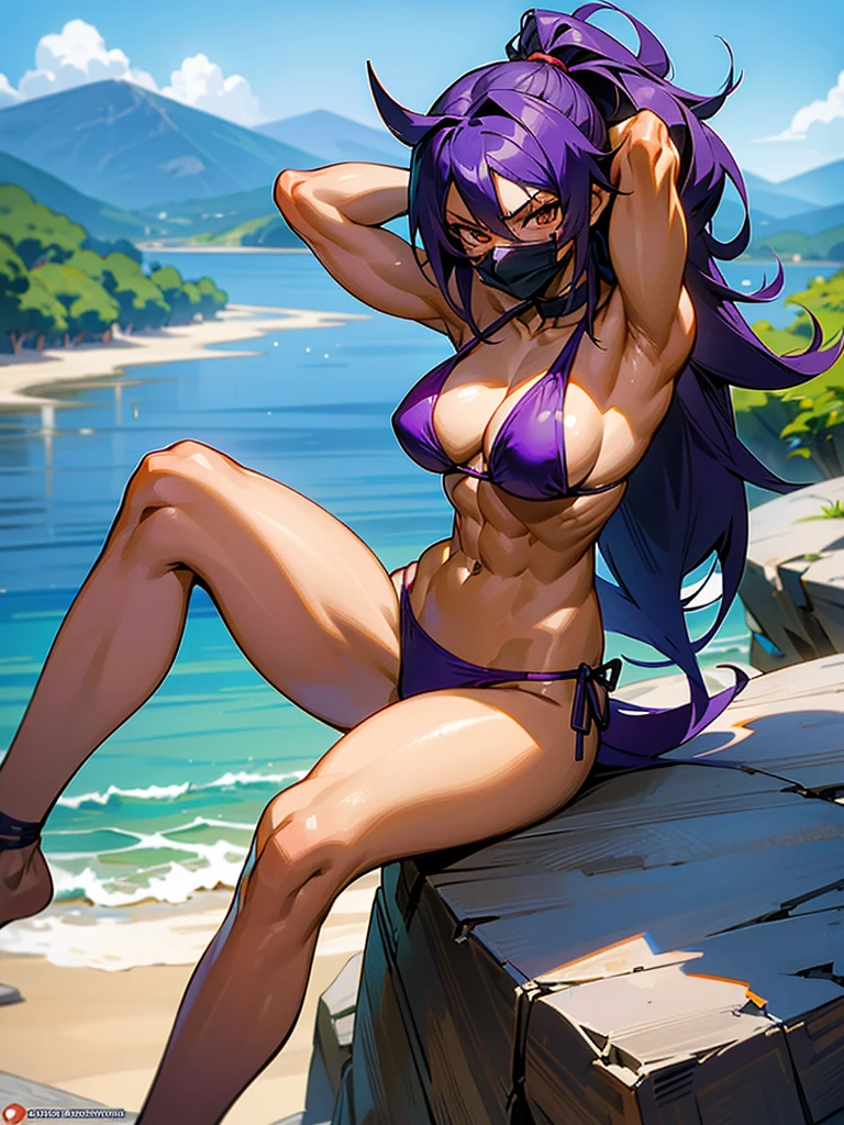 18 year old Yoruichi Shihōin from Bleach with tanned skin in a purple thong bikini flexing her muscles with her hands behind her head so they are not visible to pridefully show off her rock hard abs and sitting on on a mountain ledge, highly detailed 