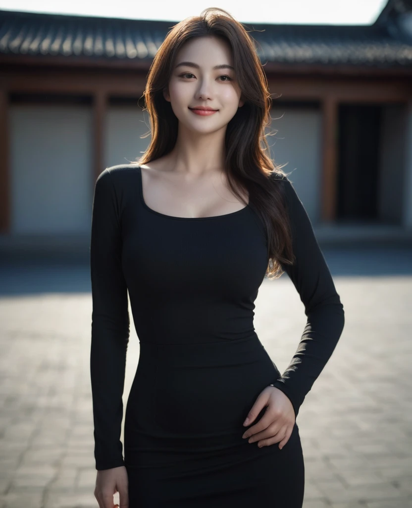 (Canon RF85mmf/1.2,Highest quality,reality:1.4,Light),Highest quality,masterpiece,Ultra-high resolution,(realism:1.5),Original photo,1 girl,smile,Long sleeve dress,In the Dark,Deep Shadow,low posture,Cold Light,attractive appearance,Medium Hair,Full body photo,