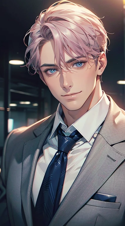 (Highest quality,4K,8K,High resolution,masterpiece:1.2),Super detailed,(Realistic,photoRealistic,photo-Realistic:1.37),1 person,31 years old,Mature Men,Beautiful skin、very handsome,Expressionless,smile,Short gray pink hair,blue eyes,Sharp Eyes,A perfect face without a doubt,Businessman,Office Background,Cinema Lighting,HDR image,tie、