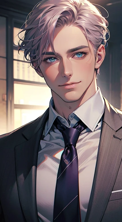 (Highest quality,4K,8K,High resolution,masterpiece:1.2),Super detailed,(Realistic,photoRealistic,photo-Realistic:1.37),1 person,31 years old,Mature Men,Beautiful skin、very handsome,Expressionless,smile,Short gray pink hair,blue eyes,Sharp Eyes,A perfect face without a doubt,Businessman,Office Background,Cinema Lighting,HDR image,tie、
