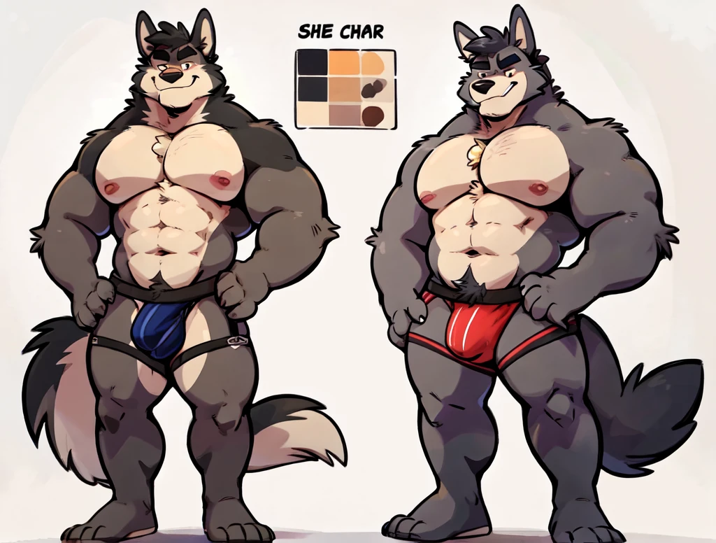 Wolf By Haps,1boy, abs, animal ears, bara, bulge, full body, white background, Seminude, Jockstrap, side, Standing, feet, Character sheet reference, 