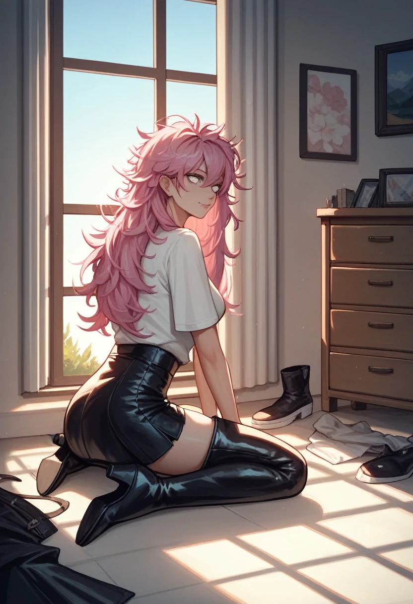 score_9, score_8_up, score_7_up, score_6_up, score_5_up, score_4_up, source_anime, 1girl, chooses to dress, worth, pink hair, long hair, white eyes, , messy hair, white shirt, leather skirts, barefoot, wardrobe, she was putting on her boots, thigh high boots, opening the boots, putting on boots, zastyozhka boots, 
room, windows,  evening, best quality, best res, 4K UHD,
 