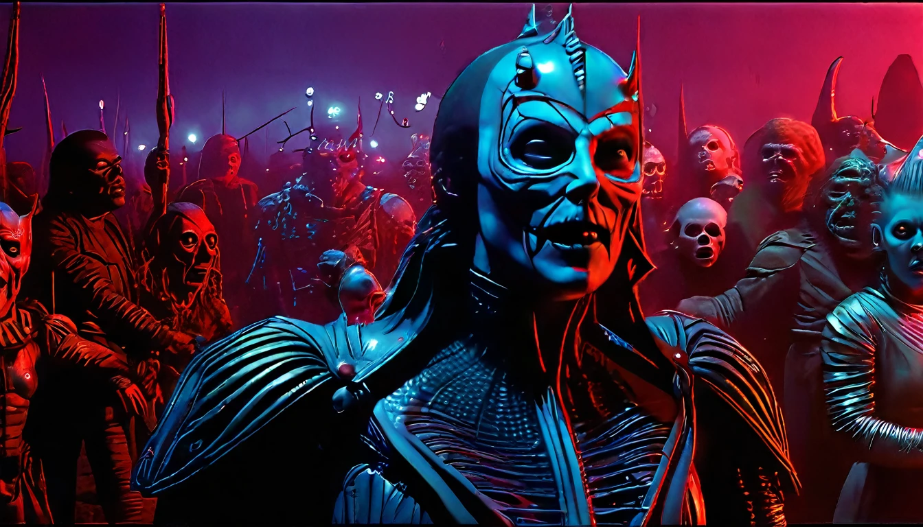 in (medium full shot:3.1) of lot of characters from a movie for slave girls from beyond infinity, inspired by Clyde Caldwell, futuristic apocalypse, stalenhag, metal album cover, gwar, heavy metal band promo, wayne barlowe pierre pellegrini, (with Creepy, Sci-Fi, Fantasy and Horror:2.9) retro sci fi, Horror movie, very detailed body, moody, epic, shot on Kodak Vision3, (intricate details:2.4), (hyperdetailed:3.1), (8k resolution:3.1), (high detailed:4.1), lot of detailed, high quality, soft (cinematic:3.3) light, dramatic atmosphere, atmospheric pespective, (impactful art:2.8),  rich colors, (3D rendering:3.1)