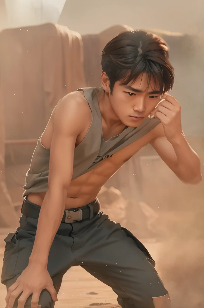 Man wipes his sweat with shirt