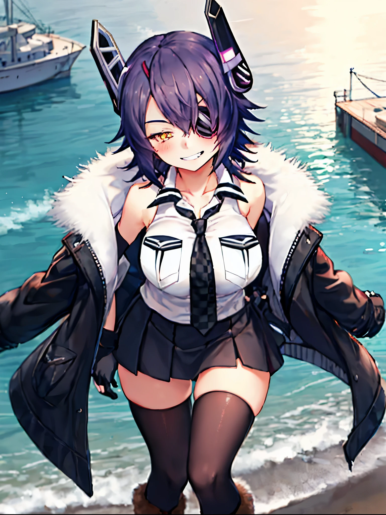 best quality, masterpiece, solo, {tenryuu_kantaicollection:1.}, teirl, eyepatch, short_hair, purple_hair, yellow_eyes, headgear, breasts, necktie, large_breasts, smile, 1girl, blush, checkered_necktie, hair_over_one_eye, shirt, collared_shirt, white_shirt, jacket, sleeveless, brown_eyes, fur-trimmed_jacket, fur_trim, collarbone, looking_at_viewer, pocket, breast_pocket, grin, black_jacket, messy_hair, black_gloves, gloves, partially_fingerless_gloves,harbor_town_background,short_skirt,thigh-highs,boots,sea,sunlight,