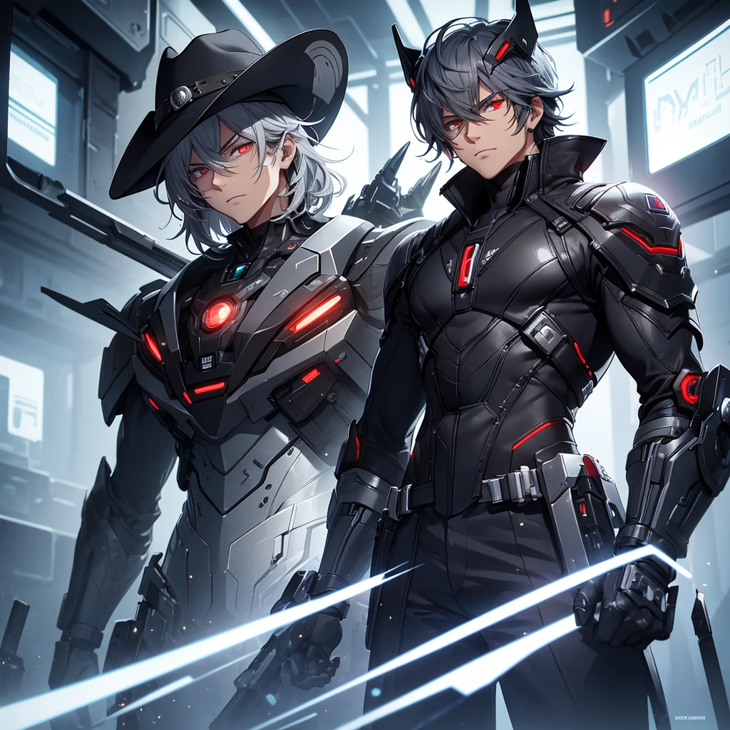 make a futuristic male character who has a cowboy hat, mechanical right arm, Eyes red, must be in a futuristic canary, and dark gray hair. he must be strong and have an overcoat