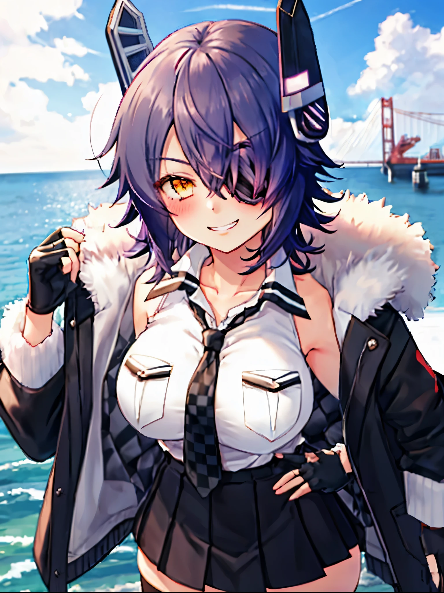 best quality, masterpiece, solo, {tenryuu_kantaicollection:1.15}, teen_girl, eyepatch, short_hair, purple_hair, yellow_eyes, headgear, breasts, necktie, large_breasts, smile, 1girl, blush, checkered_necktie, hair_over_one_eye, shirt, collared_shirt, white_shirt, jacket, sleeveless, brown_eyes, fur-trimmed_jacket, fur_trim, collarbone, looking_at_viewer, pocket, breast_pocket, grin, black_jacket, messy_hair, black_gloves, gloves, partially_fingerless_gloves,harbor_town_background,short_skirt,thigh-highs,boots,sea,sunlight,