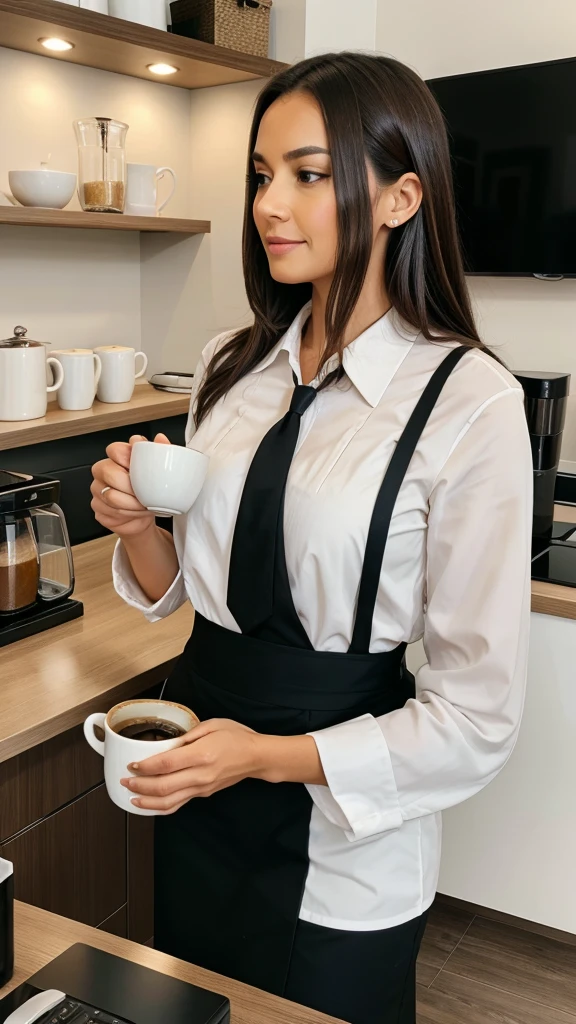 a secretary serving coffee in a big ceramic cup