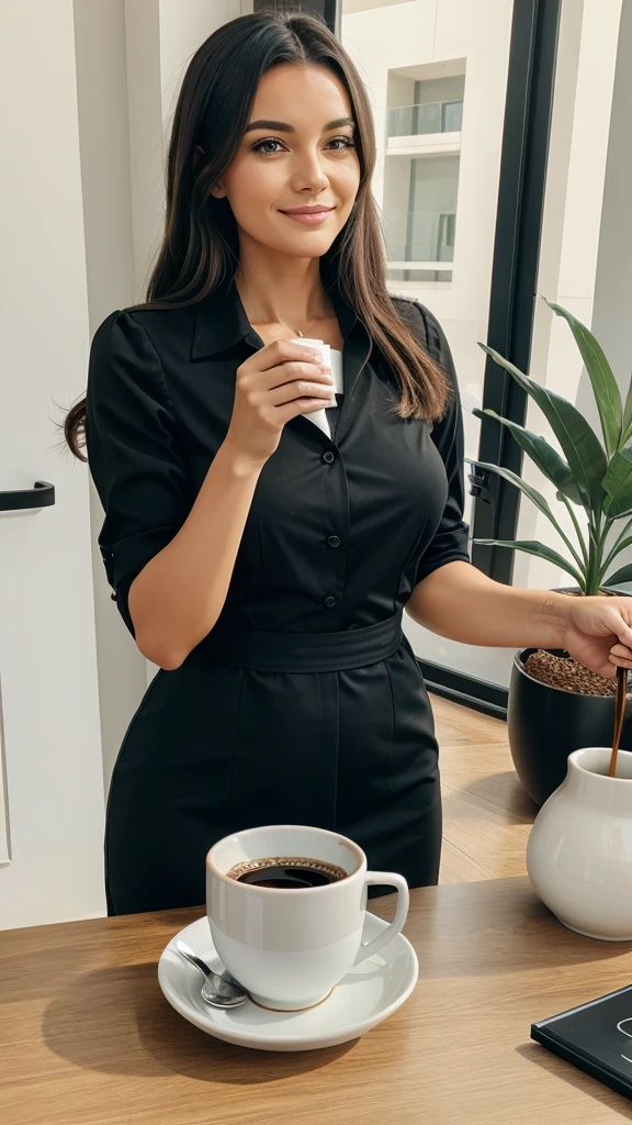 a secretary serving coffee in a big ceramic cup