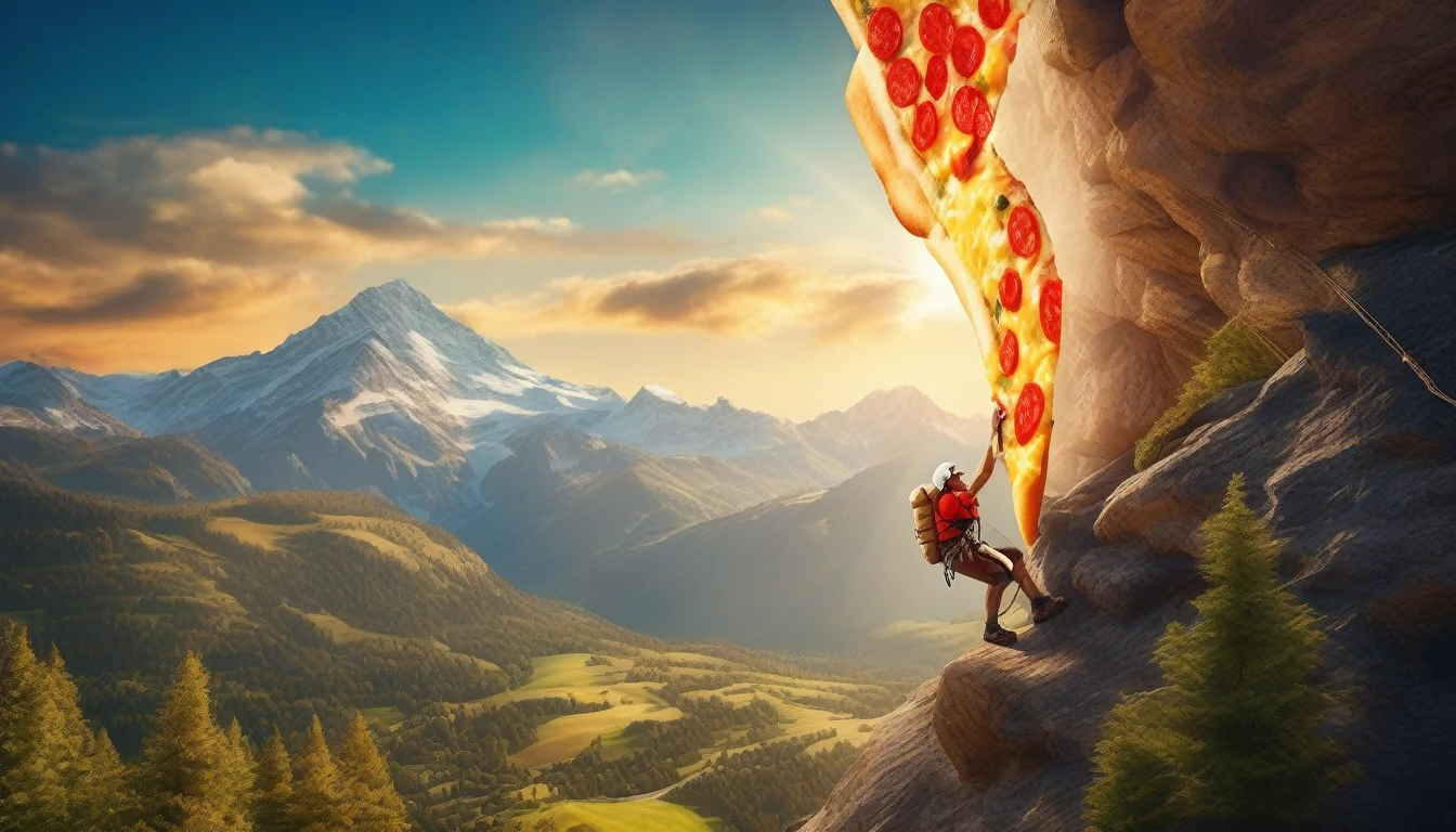A colorful and eclectic photograph in a photorealistic and cinematic style. A climber holding a small slice of pizza hanging in the middle of climbing a very high mountain and enjoying the small and single slice of pizza. He holds the slice of pizza with one hand and with the other he holds the rope he is hanging from. Seen in full body, further away on the screen, from head to toe. The climber is holding the small slice of pizza with one hand and the slice has hot cheese melting and oozing out. In the background there is a mountain range and the sky is very blue and illuminated by the bright sun. A playful and magical atmosphere, the work presents a layered, three-dimensional quality, as if different elements had been glued to the canvas in a natural and realistic way. The composition evokes a feeling of introspection and complexity of thought. The mixed media feel of the piece contributes to the tactile and immersive experience, inviting the viewer to explore the depths of the climber's thoughts and emotions. Add more, photo, fashion, vibrant, 3D rendering, cinematic, landscape.