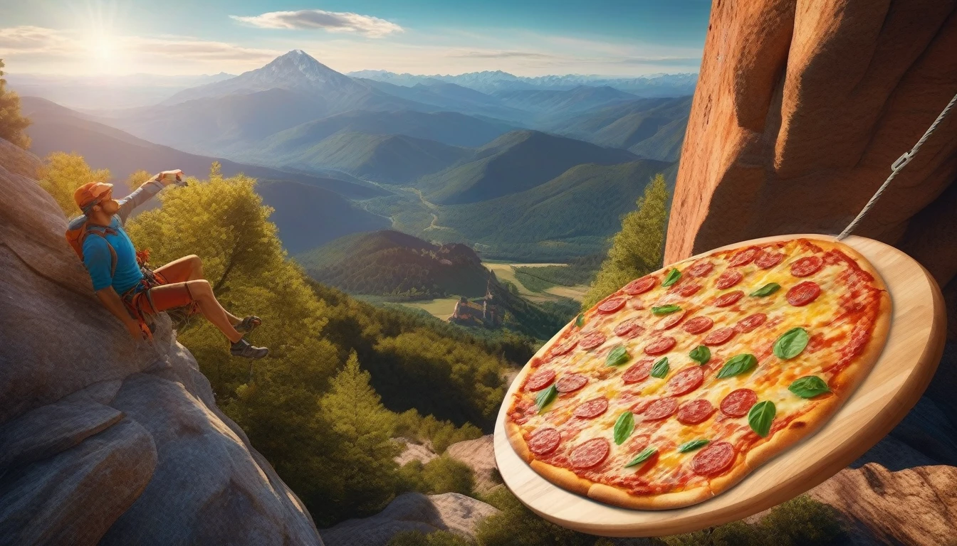 A colorful and eclectic photograph in a photorealistic and cinematic style. A climber holding a small slice of pizza hanging in the middle of climbing a very high mountain and enjoying the small and single slice of pizza. He holds the slice of pizza with one hand and with the other he holds the rope he is hanging from. Seen in full body, further away on the screen, from head to toe. The climber is holding the small slice of pizza with one hand and the slice has hot cheese melting and oozing out. In the background there is a mountain range and the sky is very blue and illuminated by the bright sun. A playful and magical atmosphere, the work presents a layered, three-dimensional quality, as if different elements had been glued to the canvas in a natural and realistic way. The composition evokes a feeling of introspection and complexity of thought. The mixed media feel of the piece contributes to the tactile and immersive experience, inviting the viewer to explore the depths of the climber's thoughts and emotions. Add more, photo, fashion, vibrant, 3D rendering, cinematic, landscape.