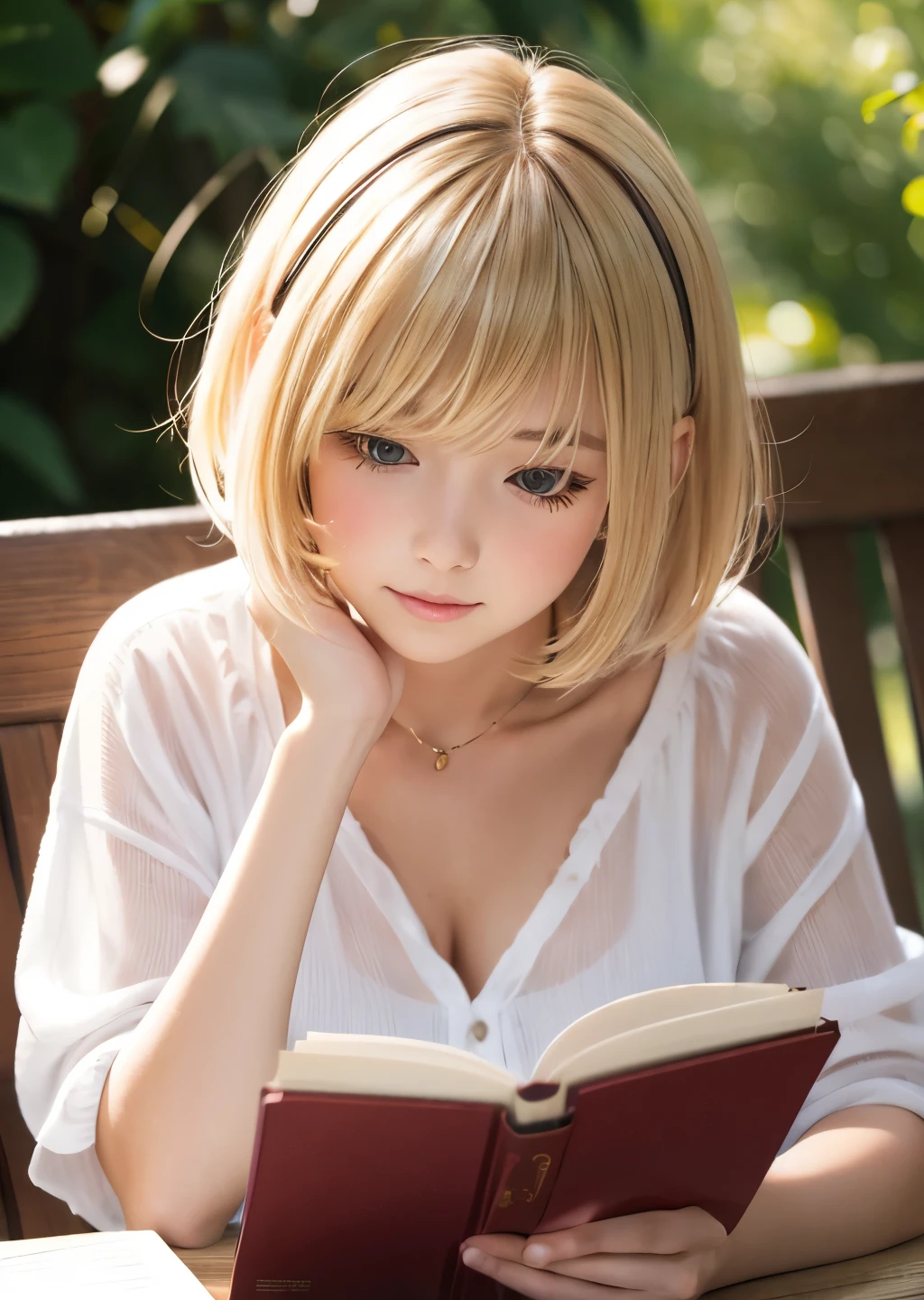 (best quality, masterpiece, high resolution:1.1),hyper detail,high detailed eyes, natural light, natural shadow, 1girl, blonde bob hair, "The girl resting her chin on her hand and reading a book at the table looked completely absorbed.","cozy moment in the summer"