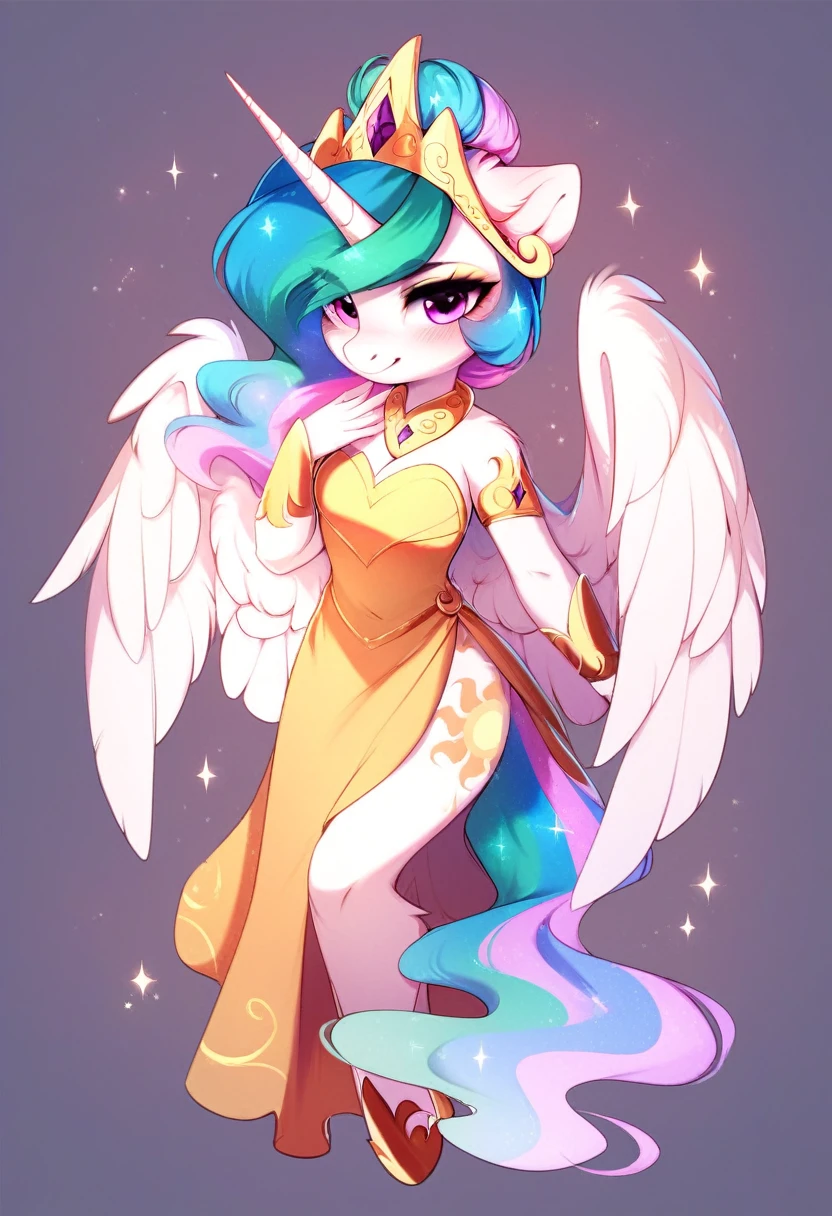 check_9, check_8_up, check_7_up, source_fluffy, rating_safe, from Magnaluna, Celestia poses seductively in a white bedroom, hair bun with bangs, pink eyes, white body, anthro, blushing, wearing white and gold tight skirt, full body