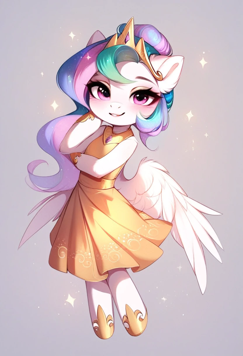 check_9, check_8_up, check_7_up, source_fluffy, rating_safe, from Magnaluna, Celestia poses seductively in a white bedroom, hair bun with bangs, pink eyes, white body, anthro, blushing, wearing white and gold tight skirt, full body