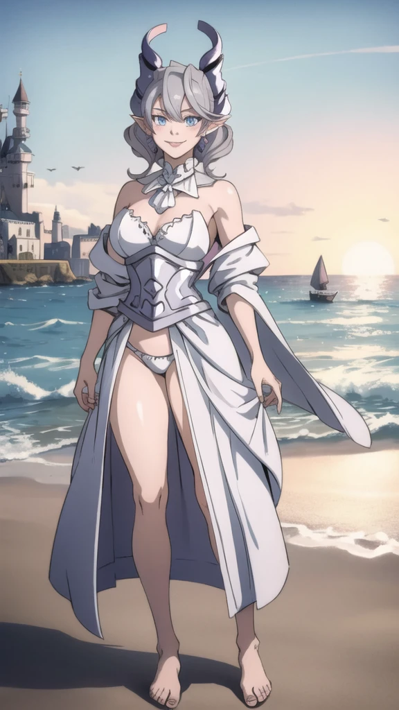 Beautiful arts wallpaper Sunset Outside castle top  High level image quality　best image quality　8K　 adult woman   silver castle outside  more colors   whole body view　portrait　 wearing pure pink   　horn    ears  　short hair（（shortcut）（gray hair）（perm）（fluffy））　eye color is blue ,  , 　attractive evil face , smile   ,  beach   ,  labrynth ,wearing  robe     , holding  her breast,   , standing  , waves barefoot , sexy pose