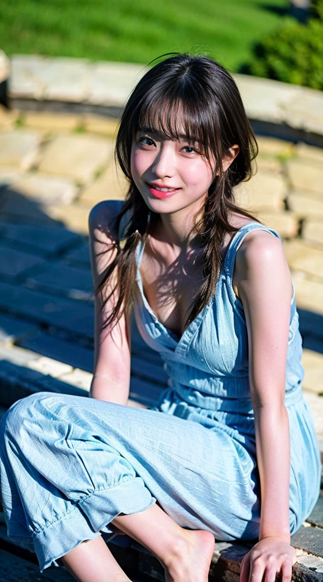 (Small Tits), (18-year-old), (very small head), dawn, sunlight, (Perfect body:1.1), (8k), (Very delicate and beautiful), (Highest quality:1.0), (Realistic), Realistic Shadows, (High resolution:1.0), Detailed skin, Very detailed, the body is slim, (Beautiful Hair, Real Hair, Thinning hair), blush, Realistic, Realistic Face, Realistic eyes, Small eyes, smile, (eyeliner), (mascara), (eye shadow), whole body、Open leg pose、Nipples、naked、Thick pubic hair、Hairstyle（Braid）