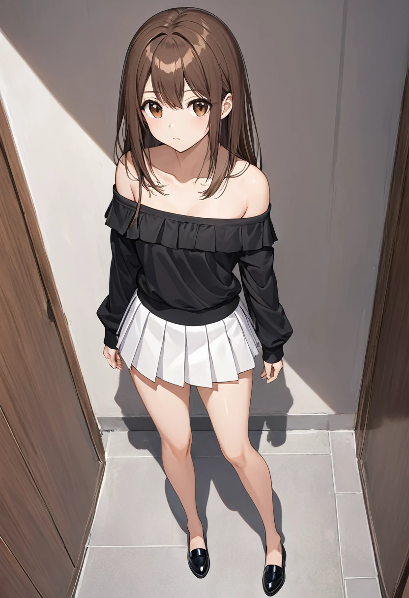 White miniskirt , black shoes , black off shoulder , pleated skirt , whole body , thighs , brown hair , brown eyes , straight hair , long sleeves , bare legs , View from above , standing posture