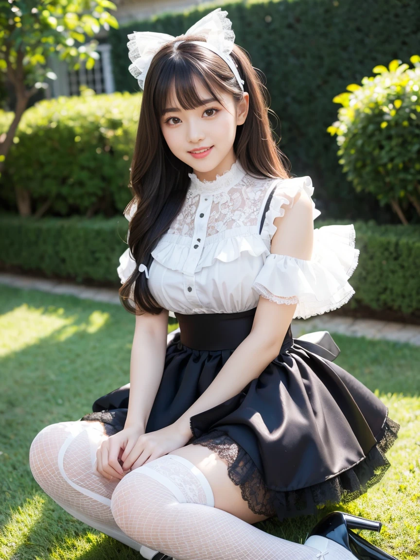 (Practical:1.3), Meticulous attention to detail, quality, (masterpiece:1.2), Delicate skin， (Intricate details), dramatic, Ray Tracing, 1 Girl, Smile, Very long hair, Bangs, Tutu，（（Lolita_skirt））, have,Ribbon,Lace,stocking, High heel, (outdoor, Sunny Day, garden, cloud)