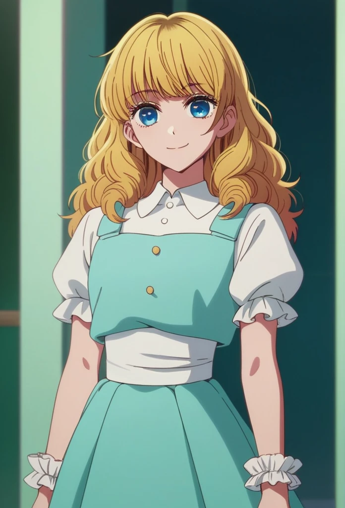 oshi_no_ko_style,blonde curls,sidecurls,fluffy fringe bangs,blue eyes,long eyelashes,cowboyshot,standing,,soft smile,long hair,masterpiece,highres,absurdres,white puffy short sleeves,collared dress,suspender dress,solo,frilled cuffs,,teen,(light blue pinafore dress),frilled wristgloves,frilled sweatheart neckline,white sash around the waist,peter pan collar,