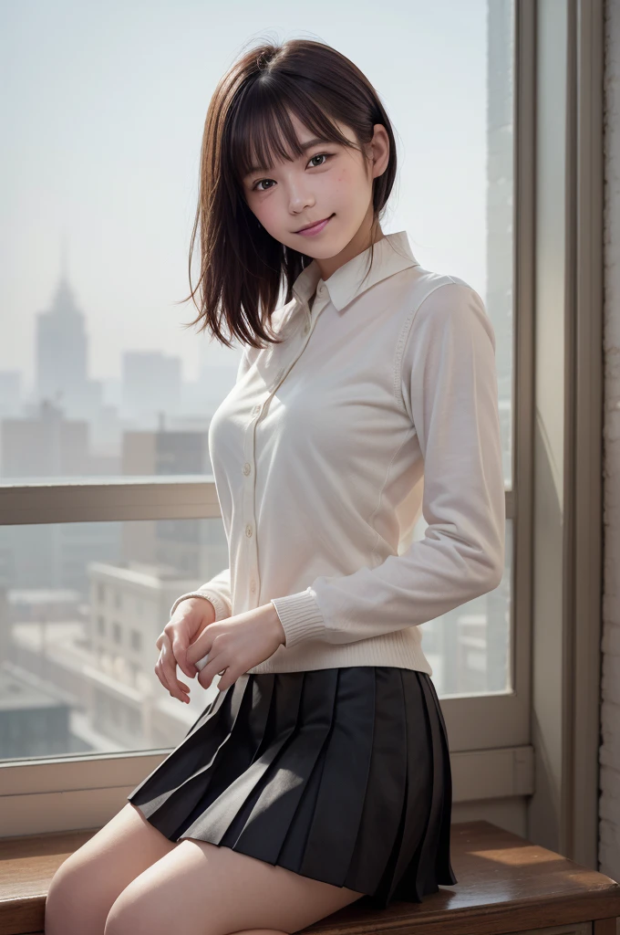 A swedish, American, german, young woman, 20yo, downtown, in large metropolis, collared shirt, sweater, pleated skirt, chuck taylor shoes, smirk ((heavy gaussian blur)), ((soft lighting)), (((extremely hazy:1.2))),, (extremely bright), (dreamy atmosphere), bright vivid colors,