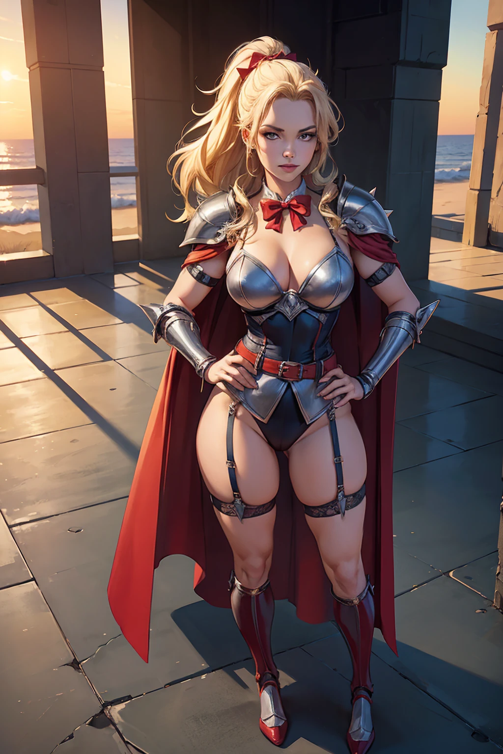 ((Full body photo, standing, on the floor)) highly detailed, Artwork, maximum quality, best quality, high resolution, 4k, 8K, RAW photo,
1 girl, Alone, Persephone, blonde hair, spiky hair, forehead protector, shoulder pads, silver bikini armor, gauntlets, hair over one eye, long red cape, red and blue armor, shoulder armor, garter belts, bow tie hair, belt,
,
looking at viewer, hand on hip, sunrise, sunset comic style, line art,