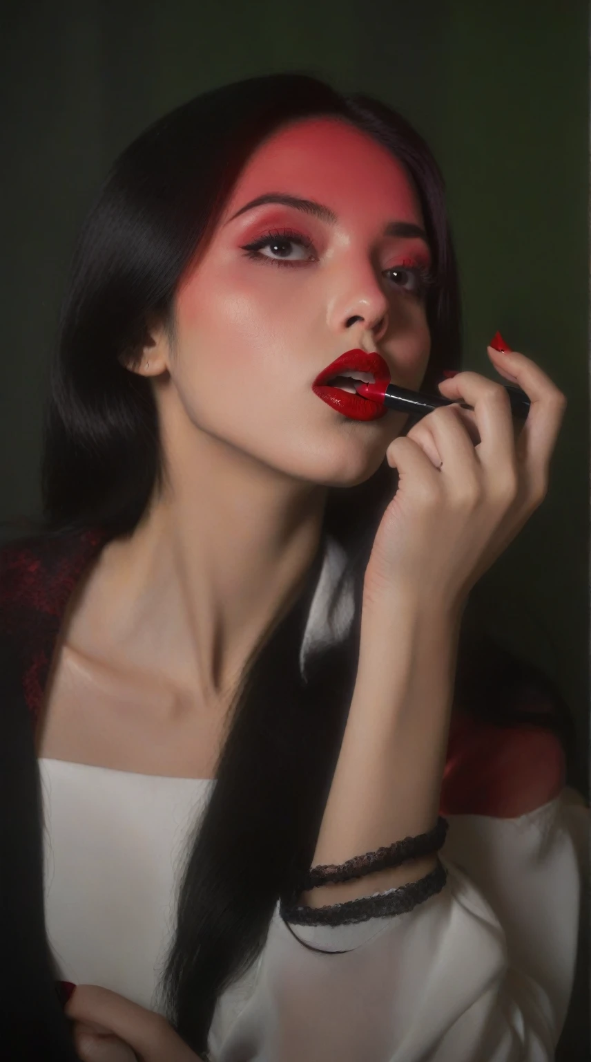 woman with black hair with lipstick on her mouth, garota gótica red lipgloss stick, red lipgloss stick