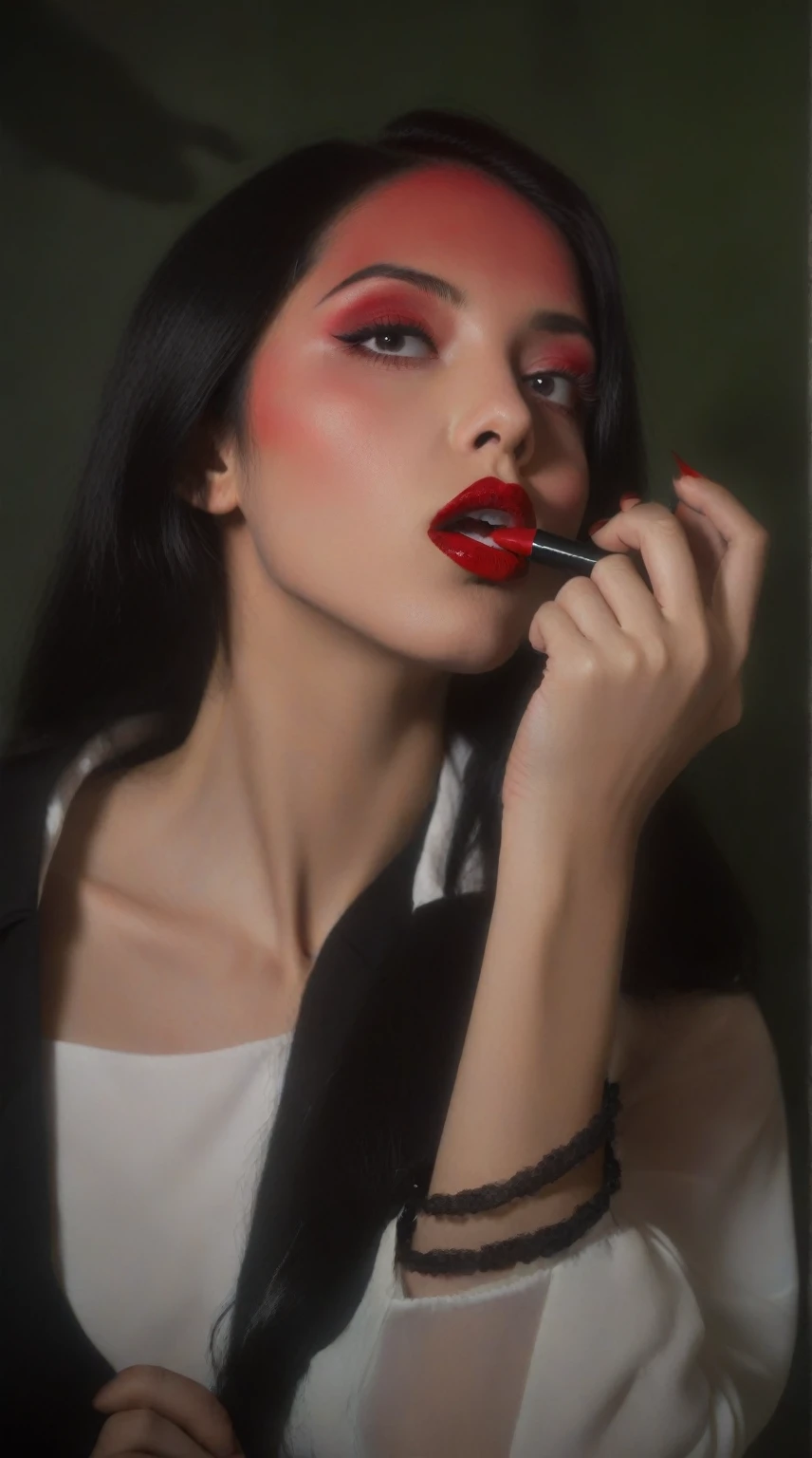 woman with black hair with lipstick on her mouth, garota gótica red lipgloss stick, red lipgloss stick
