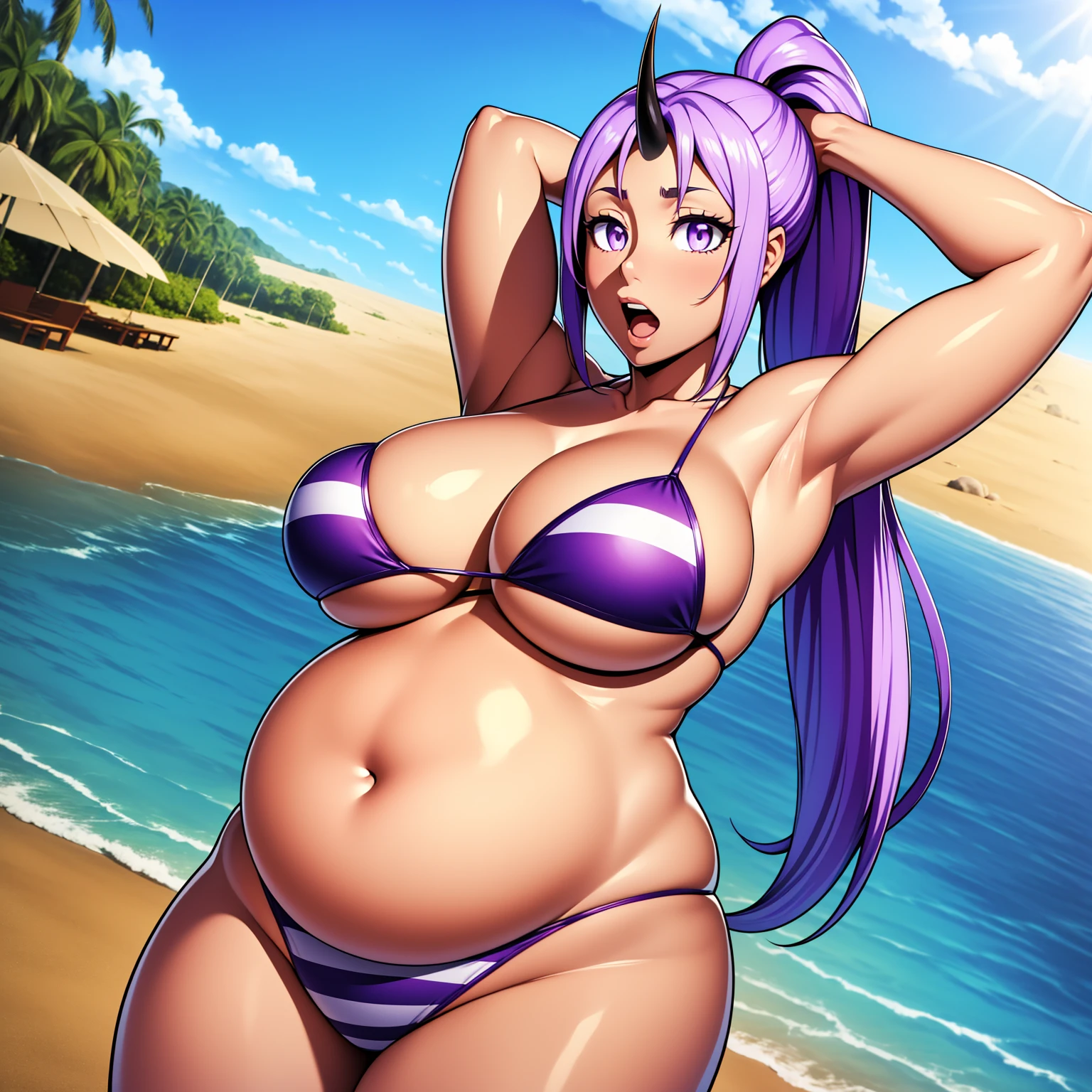 best quality, masterpiece, 1girl, (solo:1.1), raytracing, ultra detailed,detailed face, 8k wallpaper, (large breasts:1.3), wide hips, ShionTensuraNDV, long hair, ponytail, ((single horn)), oni, purple hair, purple eyes, breasts, bikini, striped bikini, beach, ((big belly)), shocked, open mouth, (hands behind head:1.4), (solo:1.5)