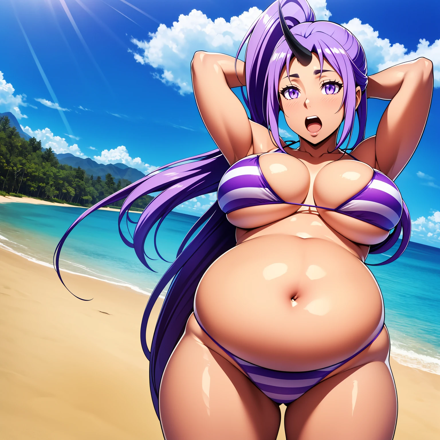 best quality, masterpiece, 1girl, (solo:1.1), raytracing, ultra detailed,detailed face, 8k wallpaper, (large breasts:1.3), wide hips, ShionTensuraNDV, long hair, ponytail, ((single horn)), oni, purple hair, purple eyes, breasts, bikini, striped bikini, beach, ((big belly)), shocked, open mouth, (hands behind head:1.4), (solo:1.5)